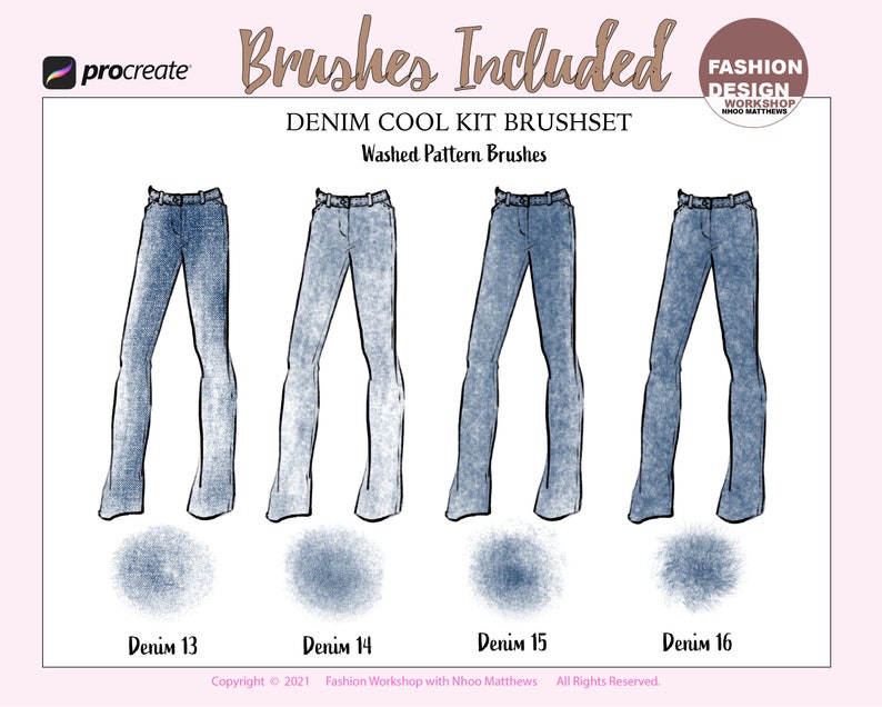May include: Four digital brush sets for Procreate, each depicting a different style of denim jeans with a faded, washed effect. The brush sets are labeled "Denim 13", "Denim 14", "Denim 15", and "Denim 16".