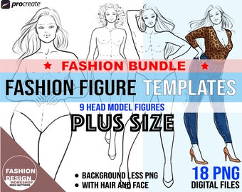 Bundle Plus Size Model Fashion Figure Template. Curvy Woman Croqui, 18 PNG Printable Digital Download Files, 9 Head Female Figure Pose