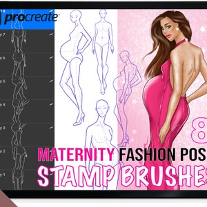 May include: A set of 8 digital stamp brushes for Procreate featuring maternity fashion poses. The brushes are designed to help artists create illustrations of pregnant women in various poses. The image shows a woman in a pink dress with a sparkly background.