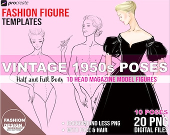 VINTAGE 1950s Fashion Figure 10 Poses. Female Croqui Template. Printable PNG Digital Download. 10 Head Model Figure for Fashion Illustration
