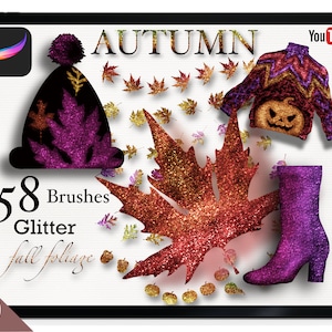 Procreate Fall Foliage leaf stamp brushes. Glittered Autumn Theme + Tutorial. Spooky Halloween, Thanksgiving, Christmas Winter Holidays.