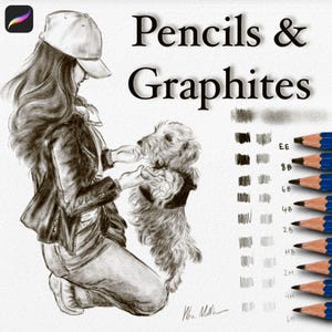 May include: Illustration of a woman and a dog, with the text "Pencils & Graphites". The image includes a color palette of graphite shades and a set of pencils with blue and orange details. The Procreate app logo is in the upper left corner.
