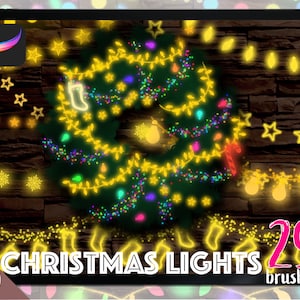 Op de afbeelding: Een digitale illustratie van 29 kerstlicht-penseelstreken. De penseelstreken zijn in verschillende kleuren, waaronder geel, rood, groen en blauw. De penseelstreken zijn in een kransvorm gerangschikt, met een donkerbruine achtergrond.