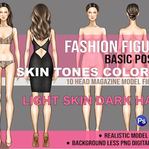 PNG Light Medium Skin Tone Colored Fashion Figure, Croqui Template. Front & Back View. Realistic 10 Head Model Fashion Illustration Clipart.