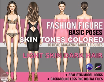 PNG Light Medium Skin Tone Colored Fashion Figure, Croqui Template. Front & Back View. Realistic 10 Head Model Fashion Illustration Clipart.