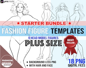 Starter Bundle Plus Size Model Fashion Figure Template. Curvy Woman Croqui, 18 PNG Printable Digital Download Files, 9 Head Female Figures.