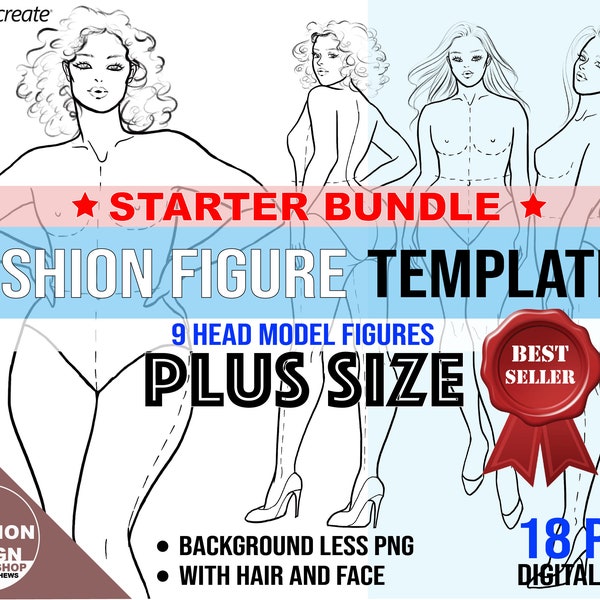 Starter Bundle Plus Size Model Fashion Figure Template. Curvy Woman Croqui, 18 PNG Printable Digital Download Files, 9 Head Female Figures.