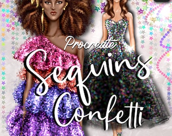SEQUINS CONFETTI Brushes for Procreate. eBook Tutorials Fashion Illustration. Shiny Sequin Texture Unicorn & Iridescent Colors . 60 Brushes