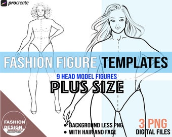 Elegant Plus Size Model Fashion Figure Template. Curvy Woman Croqui, 3 PNG Printable Digital Download Files, 9 Head Female Figures. Pose #16