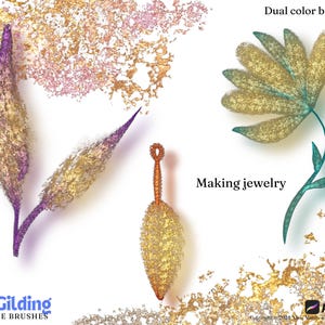 May include: A set of Procreate brushes for digital art, called "Gold Gilding". The brushes create a gold and purple metallic effect, perfect for adding a touch of luxury to your designs. The image shows examples of the brushes used to create a flower, a leaf, and a pendant.