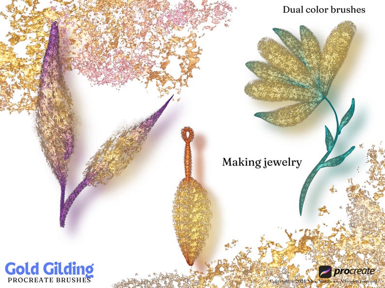 May include: A set of Procreate brushes for digital art, called "Gold Gilding". The brushes create a gold and purple metallic effect, perfect for adding a touch of luxury to your designs. The image shows examples of the brushes used to create a flower, a leaf, and a pendant.