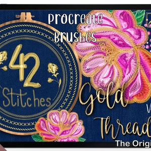Les 42 pinceaux métalliques originaux GOLD THREADS pour l'application Procreate.  Broderie brillante, point de croix, zigzag, motifs. VOL.1