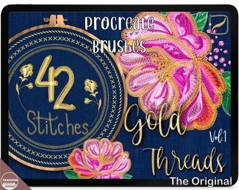 The Original 42 GOLD THREADS Metallic Stitch Brushes for Procreate App.  Shiny Embroidery, Cross Stitch, ZigZag, Patterns. VOL.1