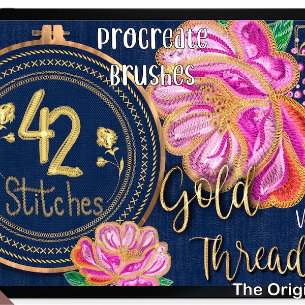 The Original 42 GOLD THREADS Metallic Stitch Brushes for Procreate App.  Shiny Embroidery, Cross Stitch, ZigZag, Patterns. VOL.1