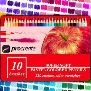 Può includere: Immagine di un set di pastelli a colori super morbidi, con 330 campioni di colori personalizzati. L'immagine include anche il logo Procreate, una mela rossa e 10 pennelli.