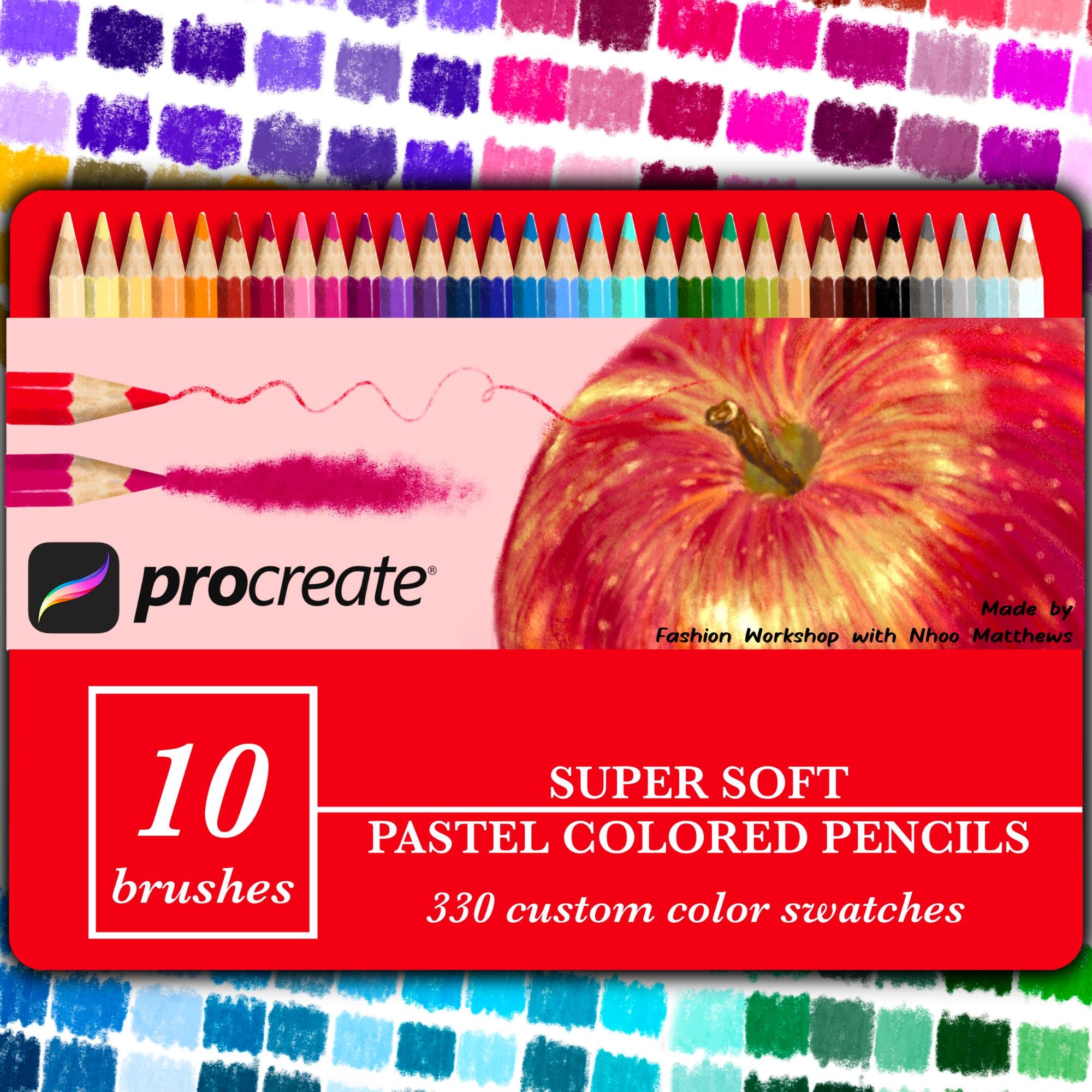 Pinceles de lápiz pastel y de color super suaves para Procreate — 10 lápices realistas + 11 paletas (330 muestras)