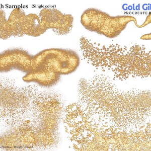 May include: Brush samples for Procreate, showing different gold glitter effects. The text "Gold Gilding" and "Procreate Brushes" is visible in the image.