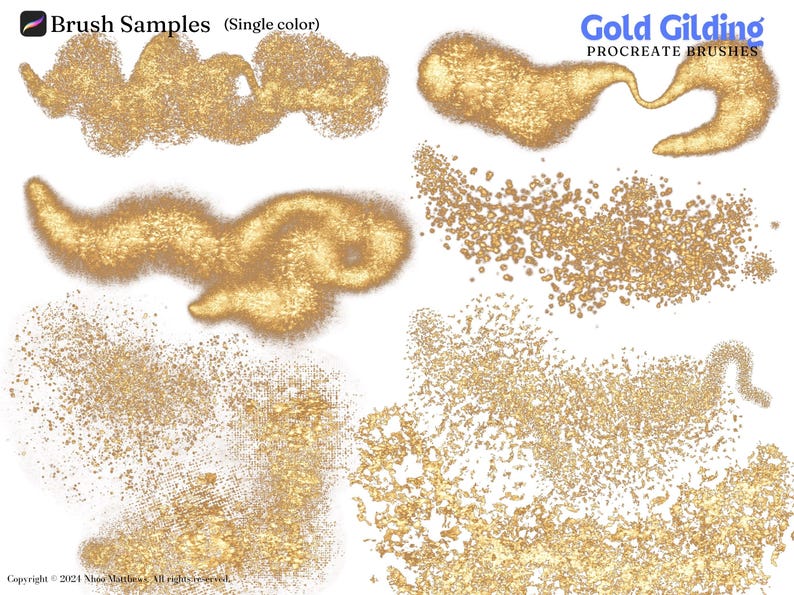 May include: Brush samples for Procreate, showing different gold glitter effects. The text "Gold Gilding" and "Procreate Brushes" is visible in the image.