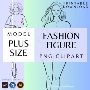 Elegant Plus Size Model Fashion Figure Template. Curvy Woman Croqui, 3 PNG Printable Digital Download Files, 9 Head Female Figures. Pose #1