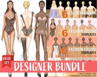 PNG BUNDLE 18 Skin Tone Colored Fashion Figure, Croqui Template. Classic Poses, Realistic 10 Head Model Fashion Illustration Clipart.