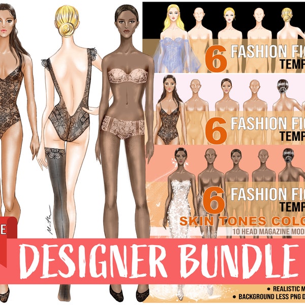 PNG BUNDLE 18 Skin Tone Colored Fashion Figure, Croqui Template. Classic Poses, Realistic 10 Head Model Fashion Illustration Clipart.