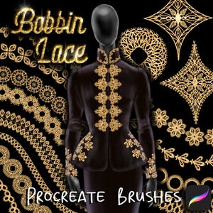 Procreate Metallic Bobbin Lace Brushes Vol.1, Glittered Embroidery Brushes, Holiday Ornaments, with Gold Color Palettes for Fashion Design.