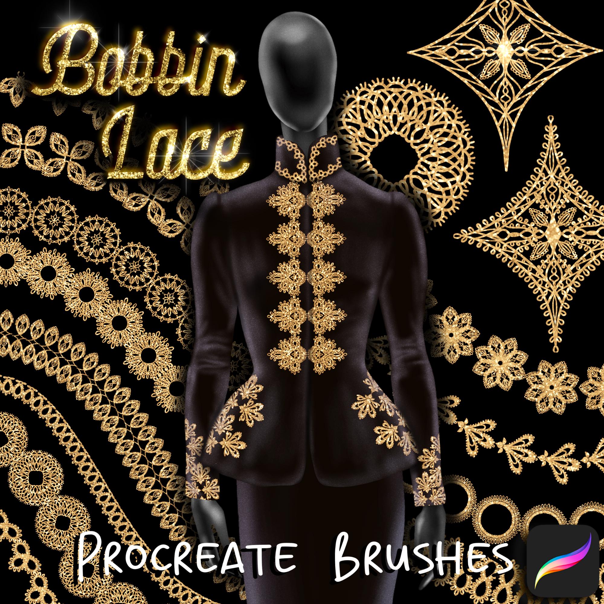 Procreate Metallic Bobbin Lace Brushes Vol. 1 – Glitter Embroidery Ornaments + Gold, Rose Gold & Silver Palettes