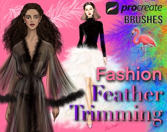 Procreate Realistic Fashion Feather Brushes. Digital Couture Fashion Illustration. Ostrich Boa Clothes Trimming, Fur Brushes, Decor Fringes.