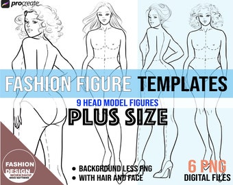 Elegant Plus Size Model Fashion Figure Template. Curvy Woman Croqui, 6 PNG Printable Digital Download Files, 9 Head Female Figure Pose #6,15