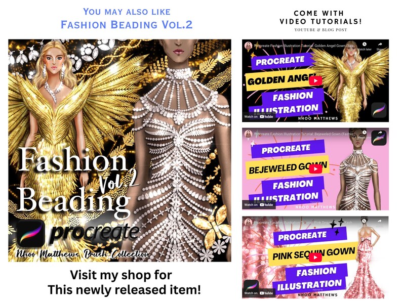 Procreate Fashion Beading Brushes. 230 Brushes of Embroidery, Sequins, Pearls, Beads, Crystals, Diamonds + Fashion Illustration Tutorials image 11