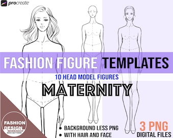 Maternity Fashion Figure Template: 9 Head Model, Pose 3 (3 PNG Digital Download)