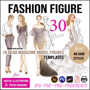 30 Fashion Figure Templates. 10 Head Fashion Croquis. JPG, PNG, PDF, Procreate Stamp. 48 Hair Styles. Printable Fashion Illustration Clipart