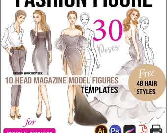Fashion Figure Templates: 30 Poses, 48 Hairstyles. Printable Fashion Croquis (PNG, JPG, PDF, Procreate)