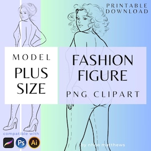 Plus Size Fashion Figure Template: Curvy Woman Croqui. Pose 6 (PNG Printable Digital Download)
