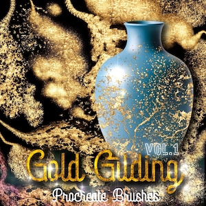 May include: A blue ceramic vase with gold flecks, against a background of gold and black abstract patterns. The text "Gold Gilding Vol. 1 Procreate Brushes" is at the bottom of the image.