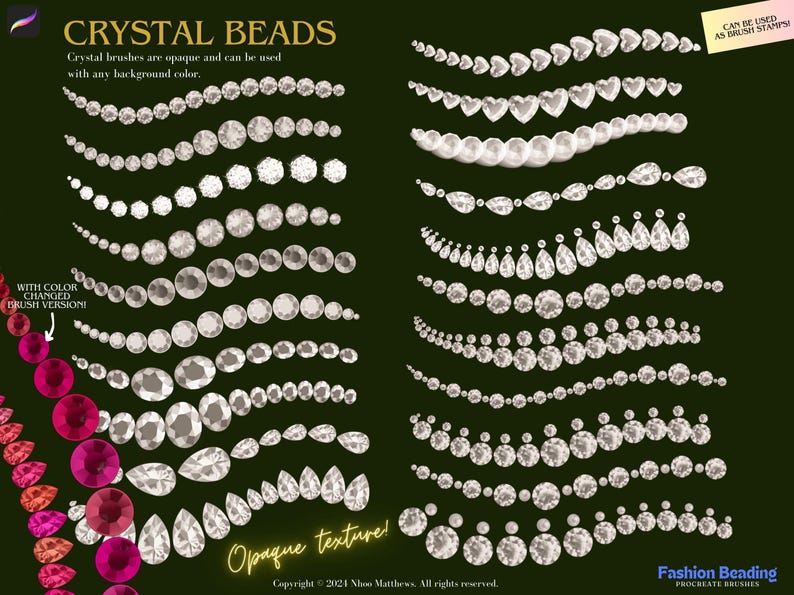 May include: A set of 20 digital brush stamps featuring various styles of crystal beads, including round, teardrop, and heart shapes. The brushes are opaque and can be used with any background color. The text "Crystal Beads" and "Can be used as brush stamps" is included in the image.