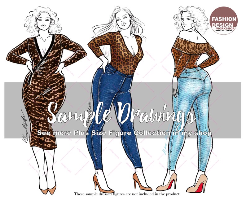 Elegante Plus Size Model Fashion Figur Vorlage. Curvy Frau Croqui, 3 PNG druckbare digitale Download Dateien, 9 Kopf weibliche Figuren. Pose 5 Bild 4