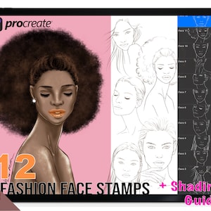 May include: A digital illustration of 12 fashion face stamps for use in Procreate, a digital art app. The stamps are designed for fashion illustration and include a shading guide.