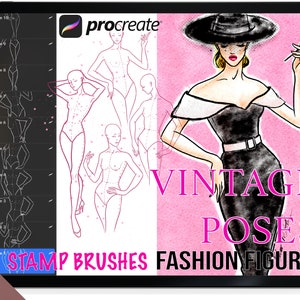 Procreate Stamps 1950 VINTAGE FASHION POSES Mode figuur sjabloon. Digitale penselen voor voortplanting. 10 vrouwelijke Croquis-modelposestempels.