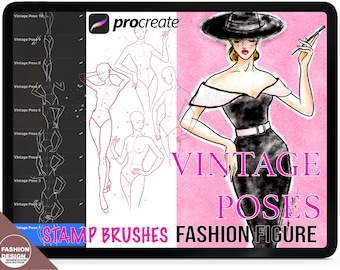 Procreate Stamps 1950s VINTAGE FASHION POSES Fashion Figure Template. Digital Brushes for Procreate. 10 Female Croquis Model Pose Stamps.