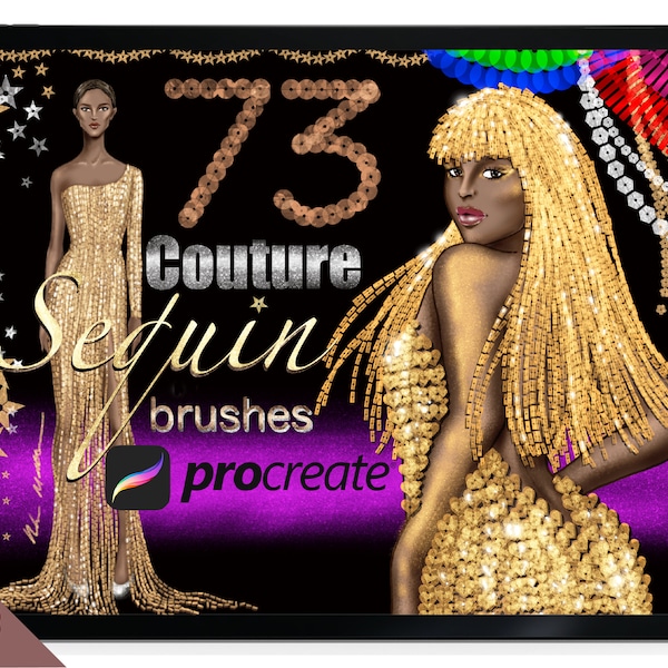 Realistic COUTURE SEQUIN Brushes for Procreate. Youtube + eBook Tutorials Fashion Illustration. Shiny, Glitter, Matte Textures. 73 Brushes