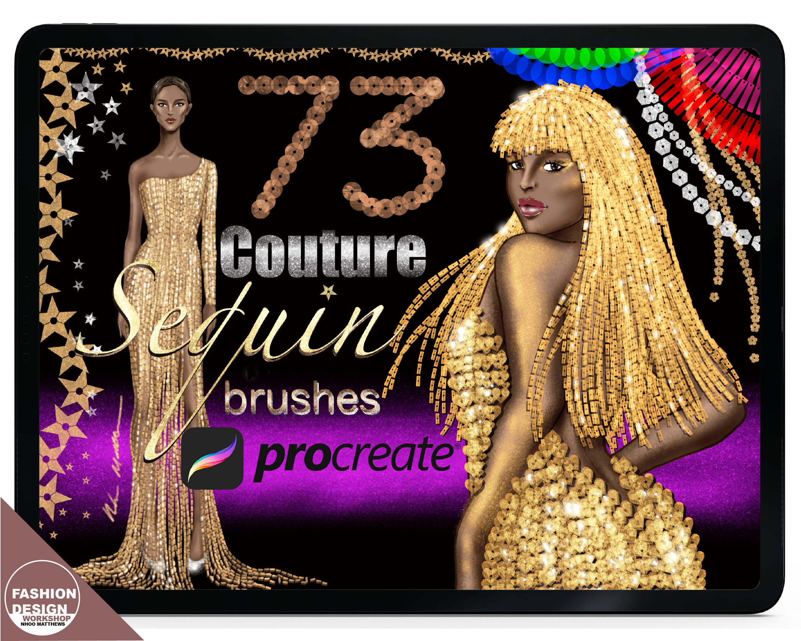 Realistic Couture Sequin Brushes for Procreate with Tutorials – 135 Shiny, Glitter, Matte & Opaque Textures