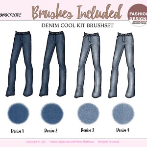 May include: Four digital brush sets for Procreate, each depicting a different style of denim fabric. The brush sets are labeled "Denim 1", "Denim 2", "Denim 3", and "Denim 4".
