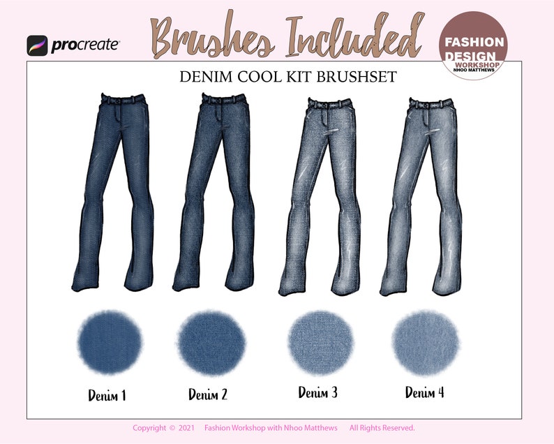 May include: Four digital brush sets for Procreate, each depicting a different style of denim fabric. The brush sets are labeled "Denim 1", "Denim 2", "Denim 3", and "Denim 4".