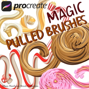 Może przedstawiać: Cyfrowe pędzle do sztuki dla Procreate, z wirującymi i teksturowanymi wzorami w odcieniach brązu, różu i bieli. Słowa "MAGIC BRUSHES" i "PULLED BRUSHES" są wyświetlane w fantazyjnej czcionce. Logo Procreate znajduje się w lewym górnym rogu.