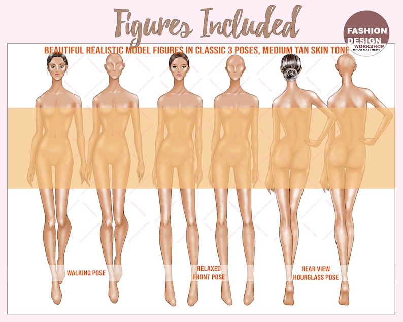 PNG BUNDLE 18 Skin Tone Colored Fashion Figure, Croqui Template. Classic Poses, Realistic 10 Head Model Fashion Illustration Clipart. image 3