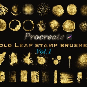 30 GOLD LEAF Stamps Procreate Brushes VOL.1 Gold Metallic Shiny Hot Foil Glitter Textures with 60 colors in palettes.