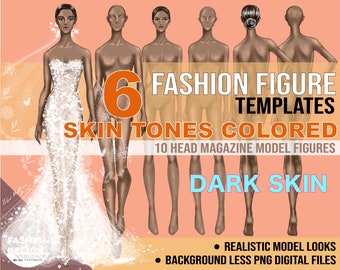 6 Realistic Dark Skin tone Colored in Classic 3 Poses Fashion Figure/Croqui Templates, Background Less PNG, 10 Head Model Figures