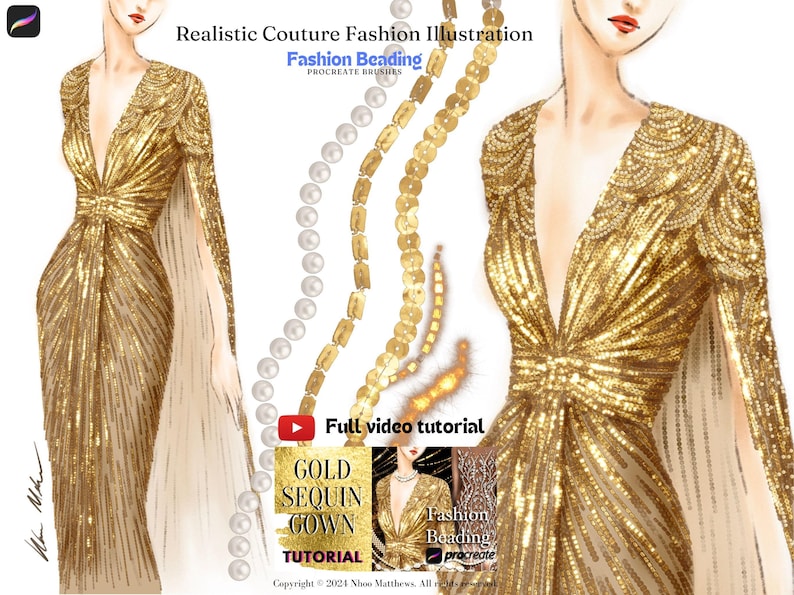 The image show digital fashion illustration drawn on Procreate application. Using Procreate fashion beading brushes for fashion design. A realistic illustration of haute couture gold sequin gown with pearls decoration. There is a Youtube video tutorial of how to use the Procreate brushes included for customer to learn how to use.