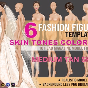 PNG Tan Skin Tone Colored Fashion Figure, Croqui Template. 3 GLAM Poses, Transparent Background, 10 Head Model Fashion Illustration Clipart